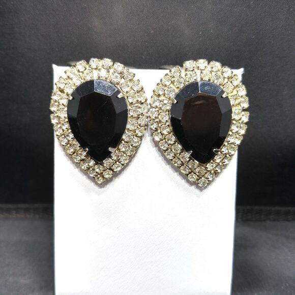 MUSI Vintage Shoe Clips Black Glass Teardrop & Clear Rhinestones Prong Set - Picture 2 of 10